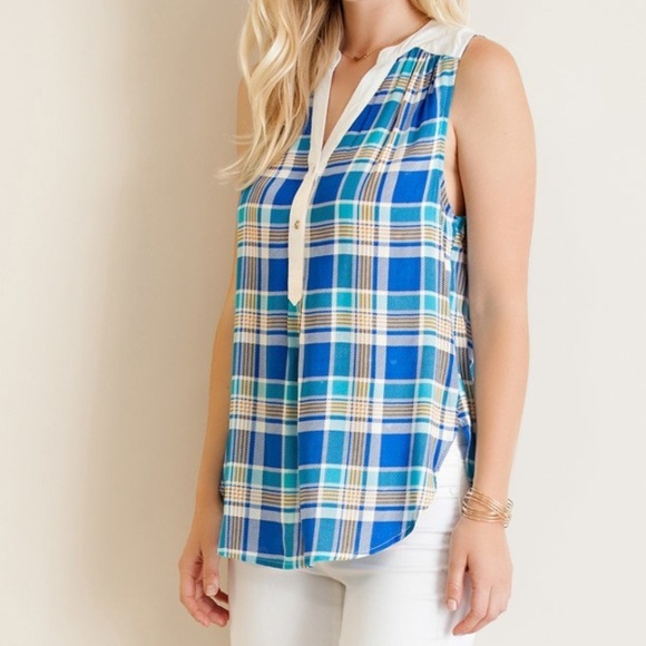 *CLEARANCE* Blue Plaid Sleeveless Collarless Top - Picture 3 of 8
